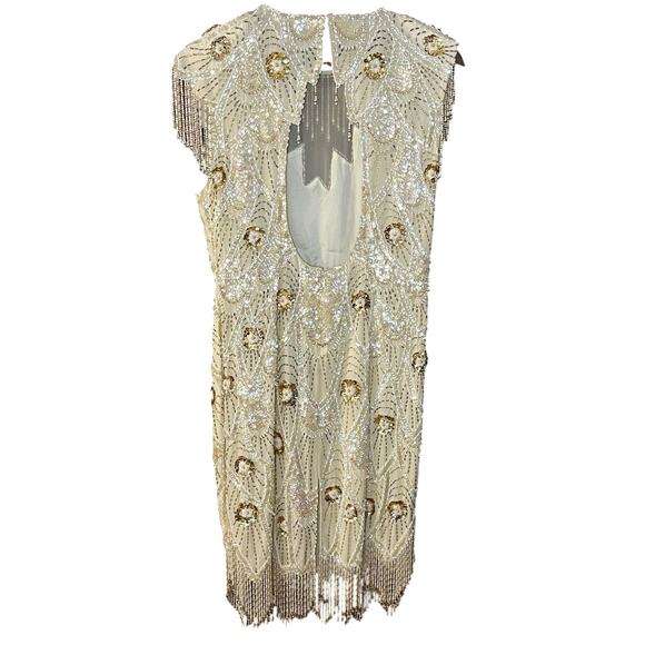 Vintage Silk Beaded Sequin Sheath Dress Floral Gold Cream Formal Fancy Size 10 - Picture 2 of 6